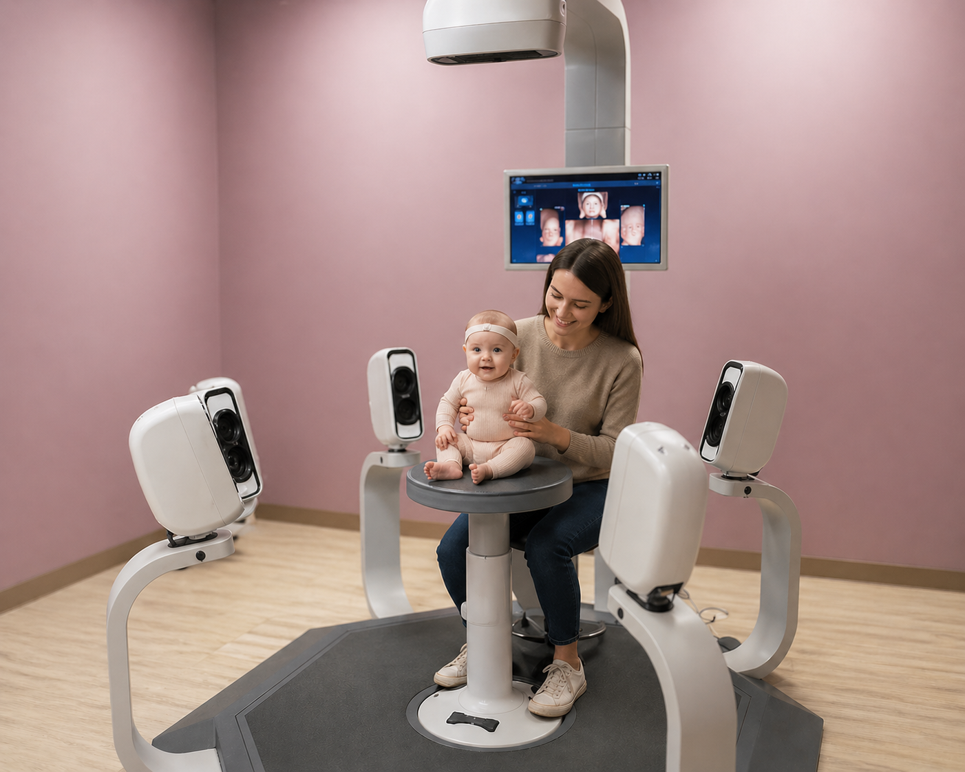 Illustrative example of an infant positioned with a caregiver inside a clinical 3D surface scanning system